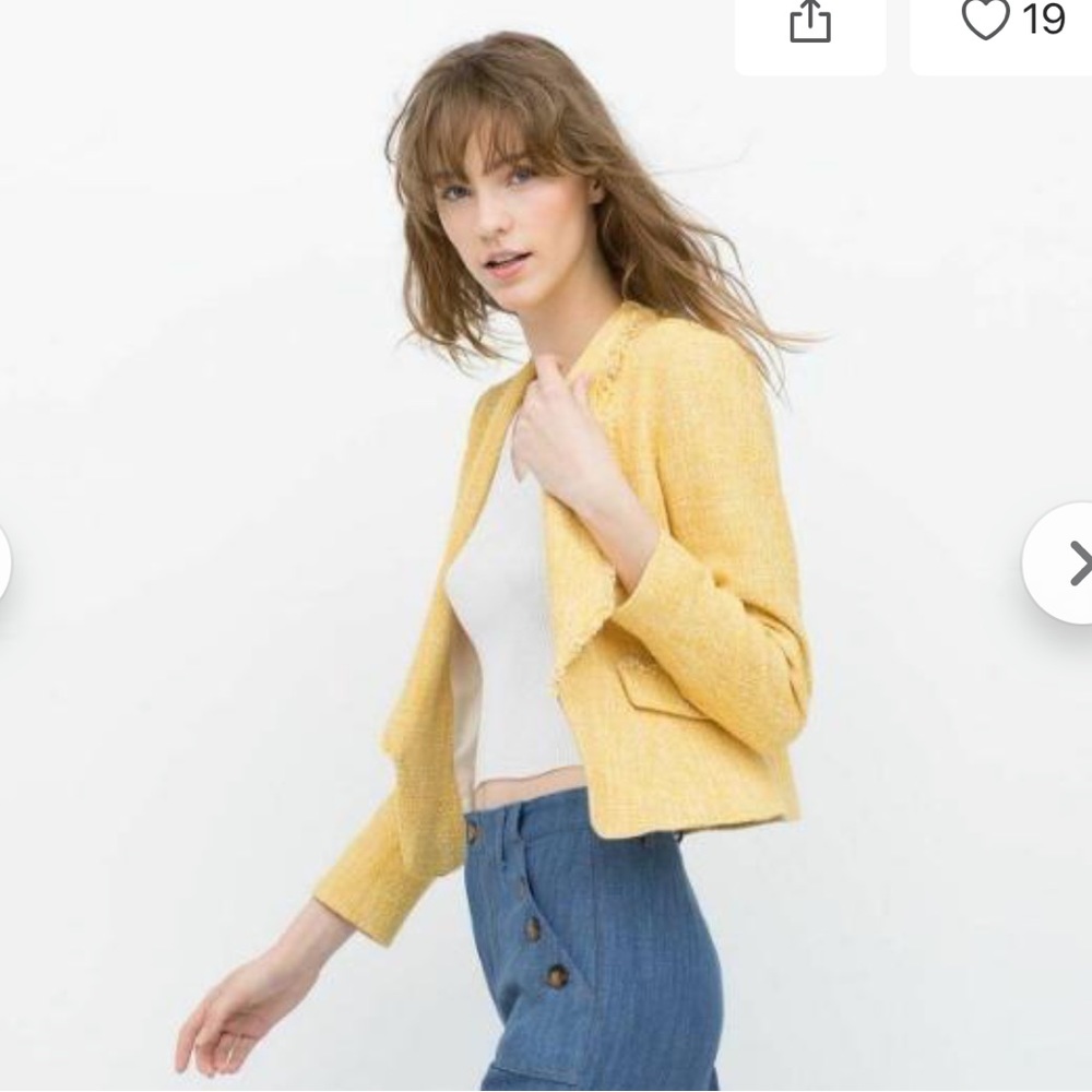25 Zara basic yellow frayed tweed blazer jacket